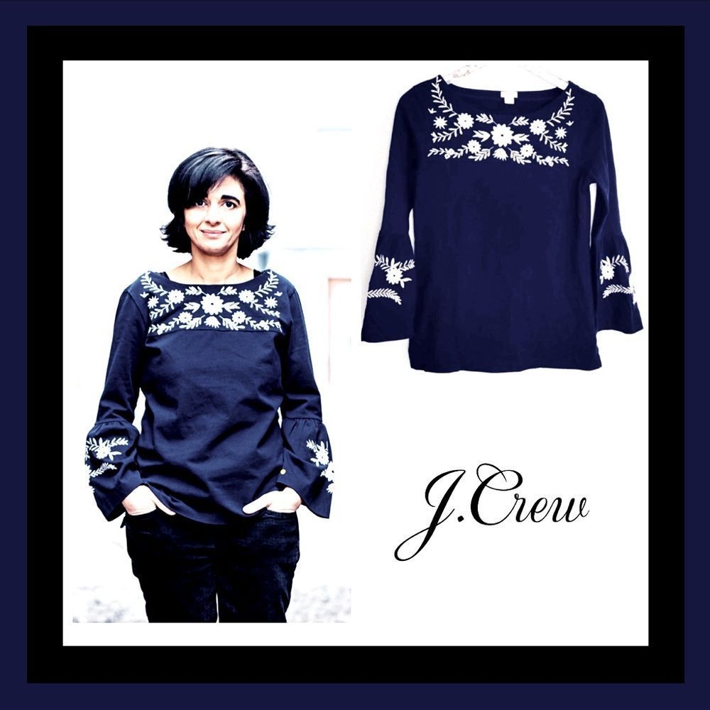 J. Crew Boho Navy Blue White Embroidered Floral Top with Bell Sleeves Size XS